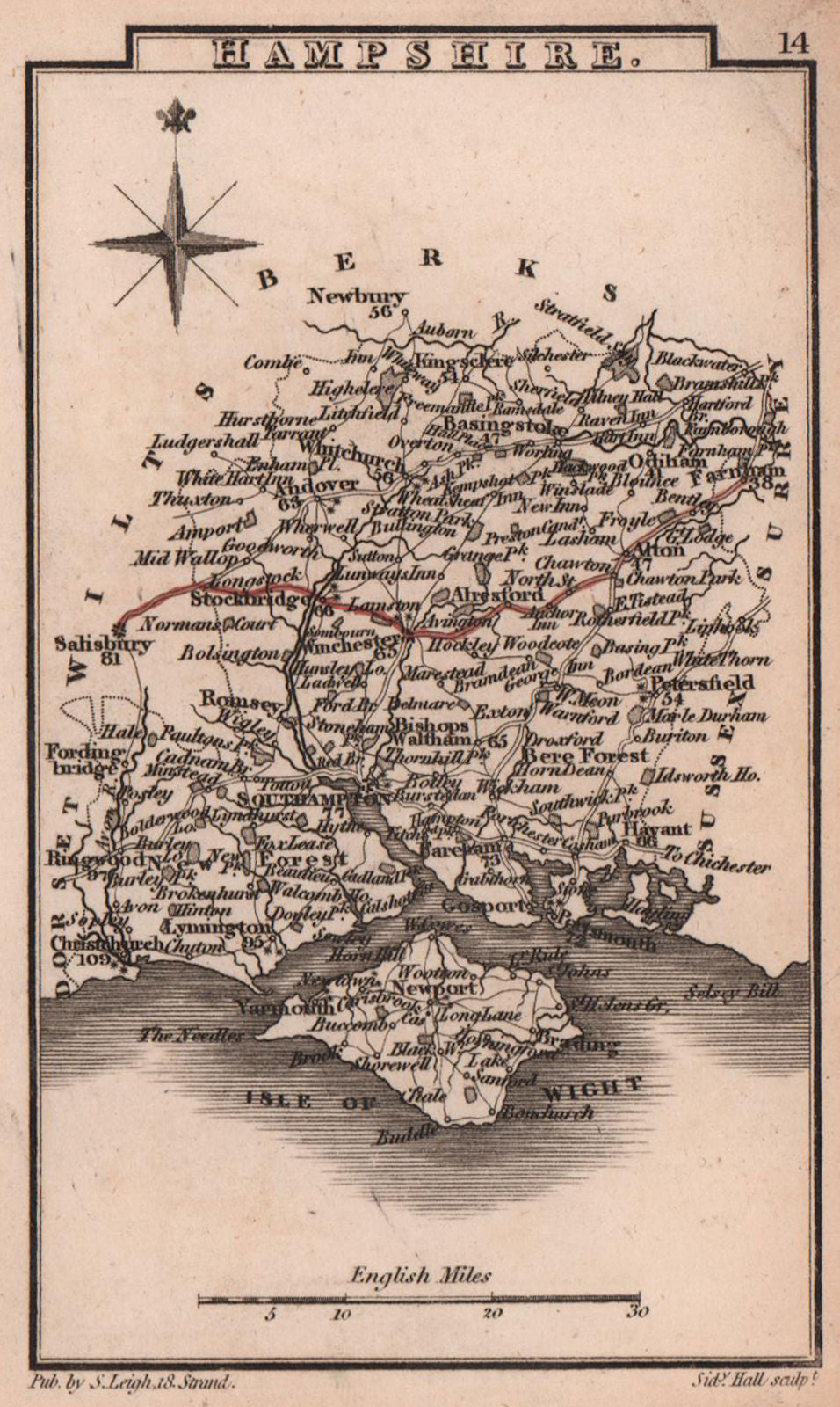 Hampshire miniature county map by Samuel Leigh / Sidney Hall c1820 old